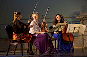 Two violinists and a cellist in front their music stands